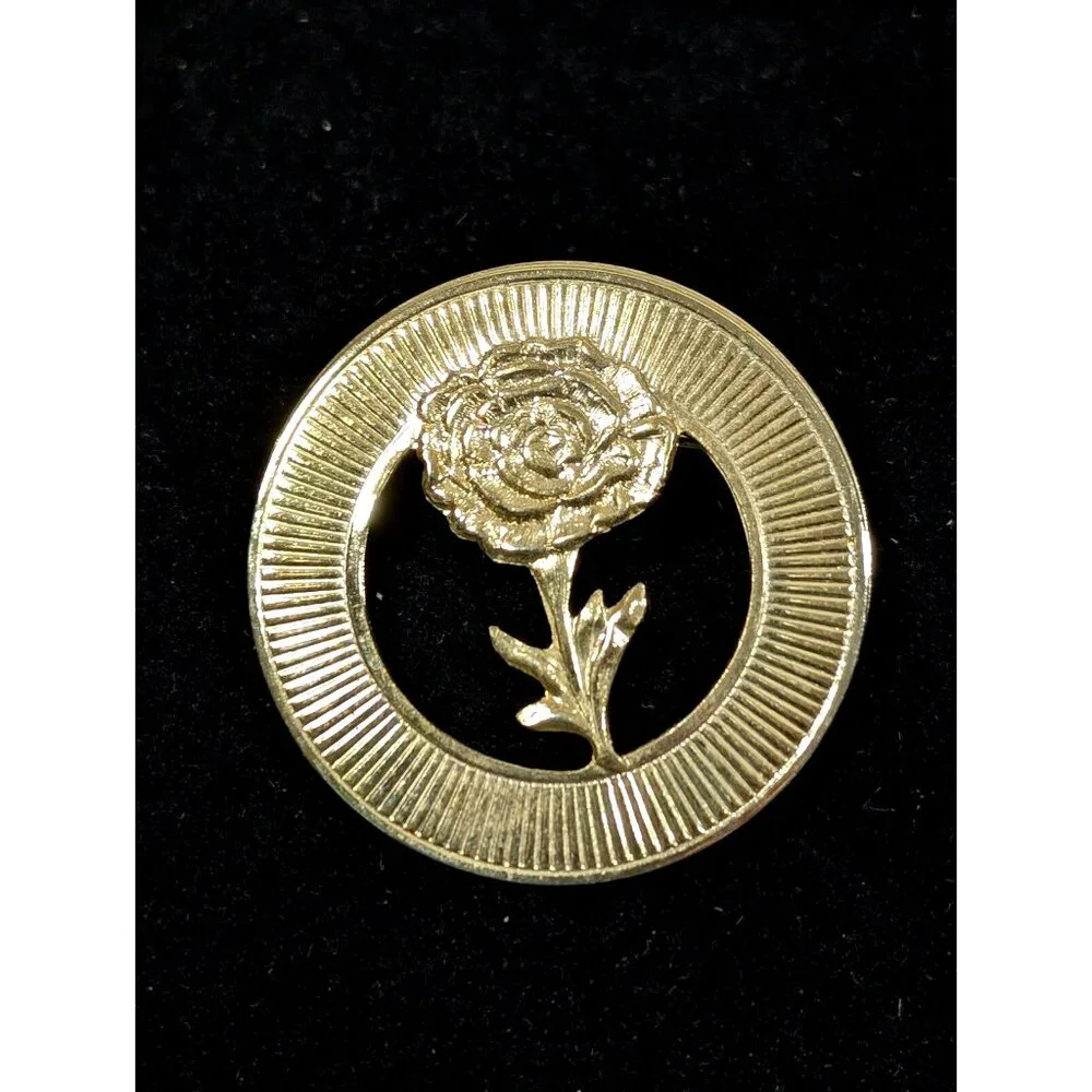Vintage Gold‎ Tone Ribbed Rose Flower Round Wreath Pin Brooch Retro
